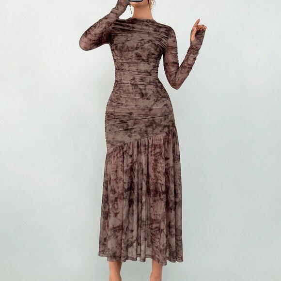 Brown Elegant Women's Long Sleeve Long maxi Dress - Picture 1 of 5